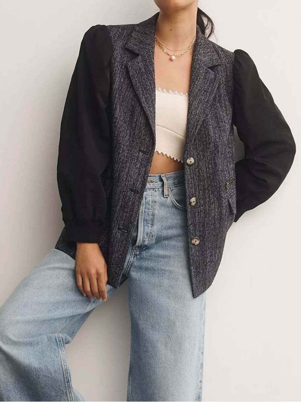 NWT Anthropologie Maeve Mixed Media Relaxed Jacket Blazer Tweed Black Women's 12